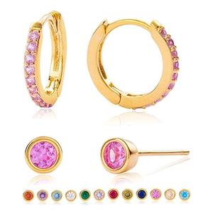Detail view of gold S925 sterling silver hoop earrings with multicolored zircon options