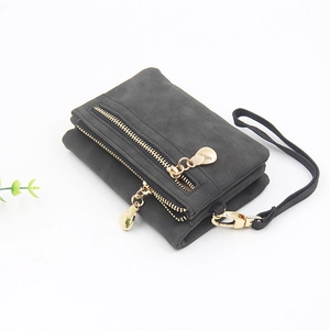 Detail of dark grey frosted leather wallet featuring double gold zippers and wrist strap