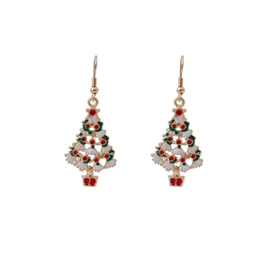 Detailed close-up of festive Christmas tree drop earrings with colorful enamel finish