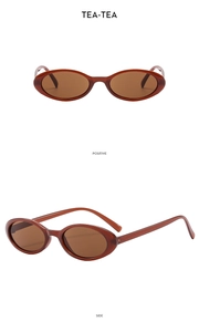 Detail view of vintage oval sunglasses with translucent tea-colored resin frames and PC lenses