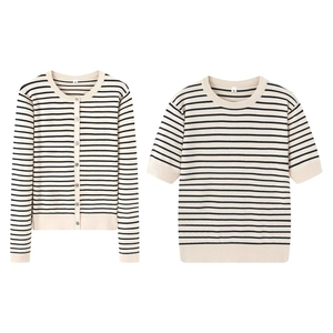 Gilet En Maille Rayé Pour Femmes Col Rond Manches Longues Chandail Et Haut Pullover Manches Courtes Polyester Élégant