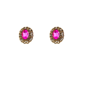 Vintage style gold-plated earrings with oval pink gemstone and dazzling crystal accents