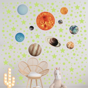 Luminous solar system wall stickers featuring glowing planets and stars in a child's bedroom