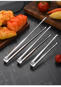 Set of four SUS304 stainless steel food tongs in various sizes on a dark textured background
