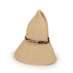Detailed macro view of woven straw sun hat texture with leopard print belt and buckle