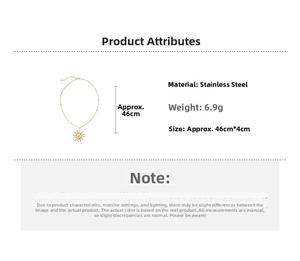 Detail showing gold stainless steel sun pendant necklace with 46cm chain dimensions