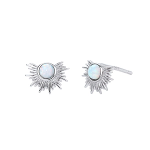 S925 sterling silver sunburst stud earrings with a circular white opal center stone