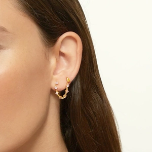 Elegant gold S925 long tassel earrings with pink and clear crystals on model