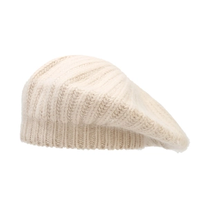 Winter rabbit fur knit beret in cream white with vertical striped texture and soft wool finish