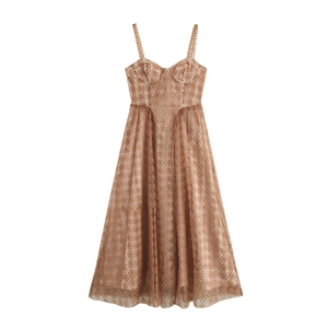 Abito Midi Elegante Da Donna Con Fiori 3D Mesh Pois Spalline Sottili Vita Alta Stile Dolce Abbigliamento Party