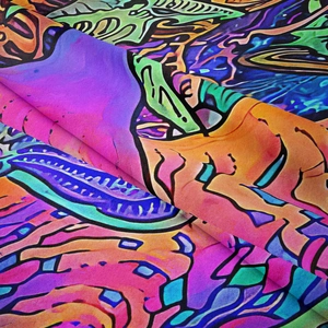 Detailed view of bohemian mushroom tapestry fabric with colorful abstract graffiti patterns
