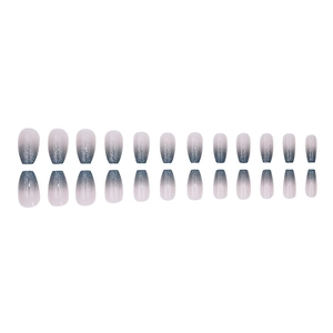 Glitter ombre press-on nails in grey blue and nude pink, medium long coffin shape set