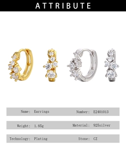 Detailed view of geometric 925 silver hoop earrings with cubic zirconia in gold and silver