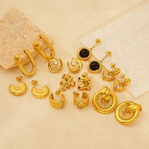 Collection of vintage 18K gold plated stainless steel geometric earrings with zircons