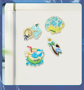 Set of 4 Sanya-themed metal fridge magnets with beach motifs like surfboards and shells