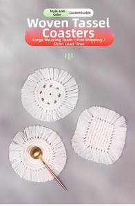 Detailed texture of white handwoven cotton coaster with elegant fringes in Nordic style