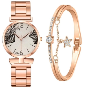 Women Quartz Watch And Star Pendant Bracelet Fashion Rose Gold Palm Leaf Pattern Dial Elegant Casual Accessory