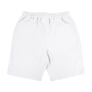 Detail of white cotton blend beach shorts featuring an elastic drawstring waistband