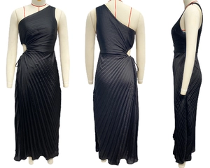 Detail view of black one-shoulder pleated maxi dress with waist cutout on a mannequin