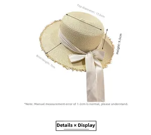 Detailed dimensions of straw sun hat with 7cm frayed brim and bow, 9.5cm depth