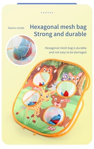 Detail of durable hexagonal mesh bags and scoring holes on animal-themed bean bag toss game
