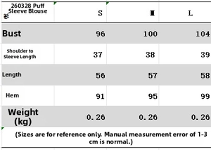 Detailed size guide for puff sleeve shirt and pants set showing S to L measurements
