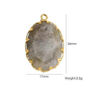 Macro view of oval grey natural stone pendant with gold scalloped edge and 26mm height
