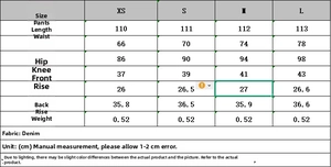 Tableau des tailles détaillé pour jean évasé slim femme avec mesures en centimètres
