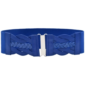 Detail of blue elastic waist belt featuring a silver metal buckle and woven leather accents