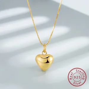 925 Sterling Silver Heart Pendant Necklace For Women 18K Gold Plated Retro Minimalist Box Chain Jewelry Clavicle Chain Gift