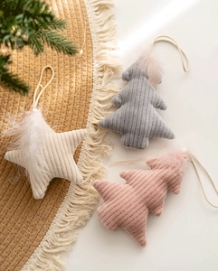 Detail of velvet star and tree Christmas ornaments with faux fur trim and gold lurex threads