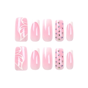 Pink gradient square press on nails with white French tips and butterfly rhinestone accents