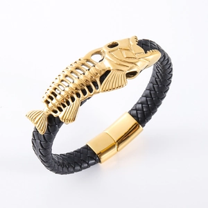 Men's braided leather bracelet with golden stainless steel fishbone ornament on white background