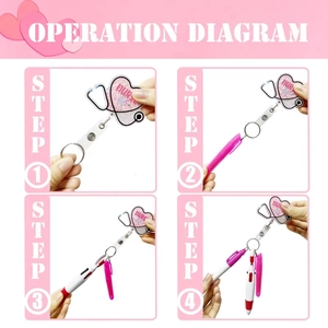 Pink heart nurse life retractable badge reel set with operation diagram steps
