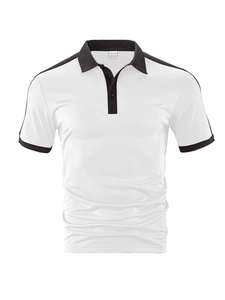 Detail of the black-trimmed collar and 100% polyester fabric texture on a white polo shirt