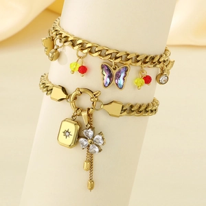 Golden stainless steel chain bracelet with butterfly, flower and crystal stone charms