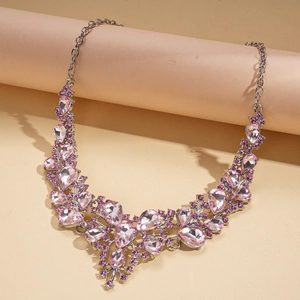 Luxurious pink teardrop crystal statement necklace with floral rhinestones and silver chain
