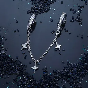 Starburst safety chain for bracelets in S925 sterling silver with zircon charms