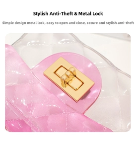 Detail of pink jelly bag showing embossed lattice pattern and gold metal twist lock closure