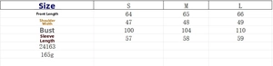 Detailed size chart for women's V-neck graffiti print blouse showing S, M, and L measurements