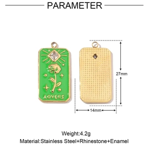 Detailed view of green enamel floral pendant with Lovers text and 27mm size dimensioning