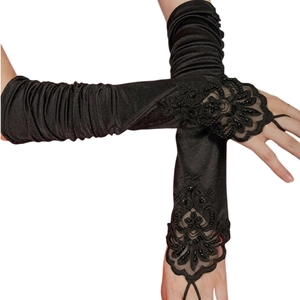 Gants Longs En Satin Sans Doigts Pour Femmes Avec Plis Perles Dentelle Brodée Floral Mariage Soirée Accessoire Mariée