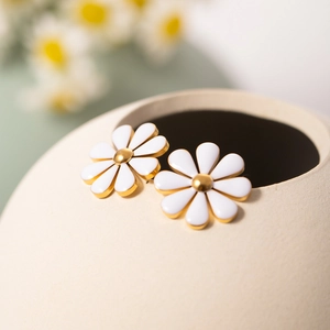 18k gold stainless steel daisy stud earrings with white enamel finish and floral petals