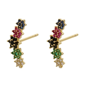 Detailed view of curved gold stud earrings with five-color micro-pave zircon flowers