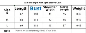 Detailed size chart for the knit kimono coat with split sleeves and measurement info