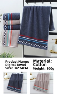 Detail view of 100% cotton towels showing size 34x74cm and weight 100g in grey and brown
