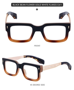 Detailed front and side views of black tea gradient frames with gold floral temples