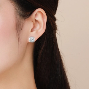 Luxury S925 sterling silver square halo stud earrings with brilliant zircon stones for women