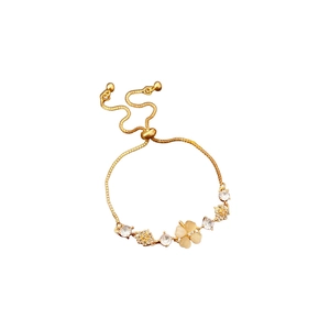 Gold plated opal flower bracelet with sparkling crystals and adjustable slider chain