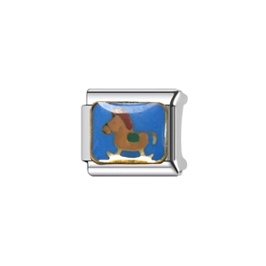 Italian modular stainless steel bracelet charm featuring a blue enamel horse pattern